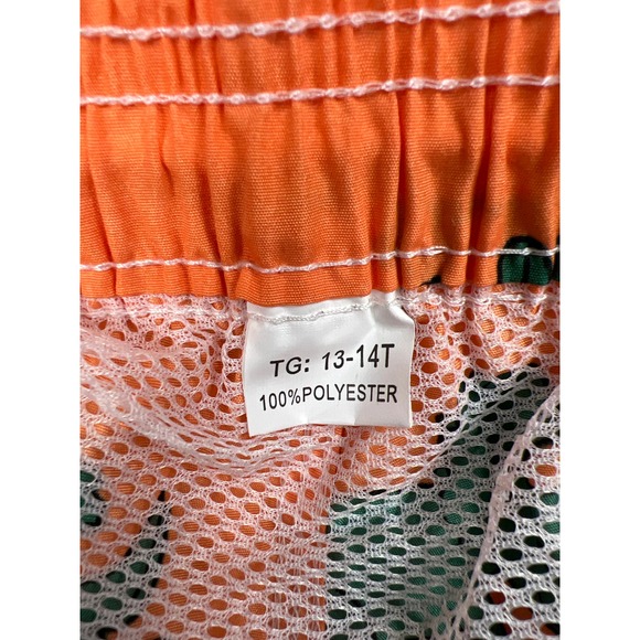 Orange Green Dinosaur Print Big Boys Medium Swim Trunks Swimwear Lined Shorts - Picture 2 of 7